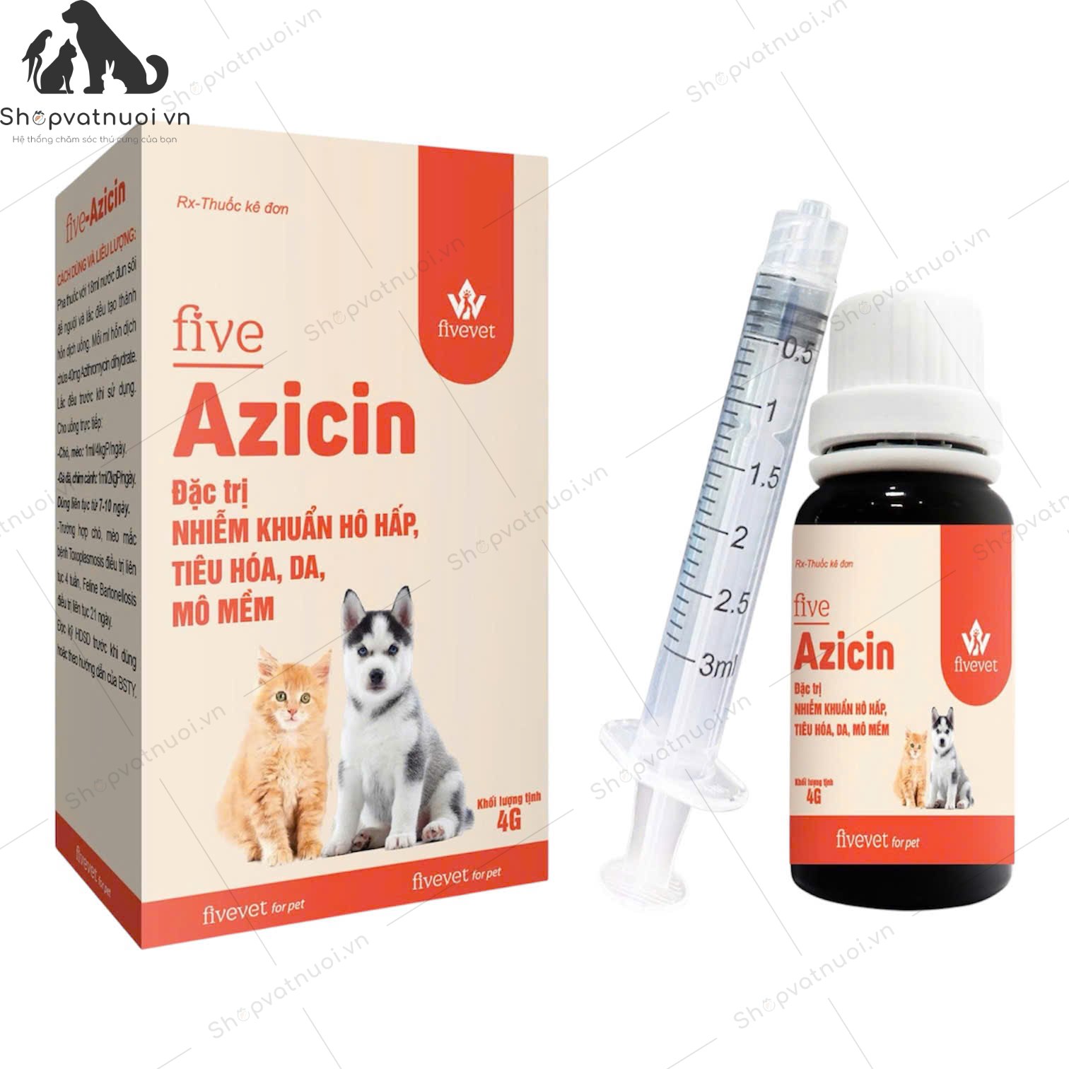 Đặc Trị Nhiễm Khuẩn Hô Hấp Tiêu Hóa Da Mô Mềm Azicin FiveVet 4g
